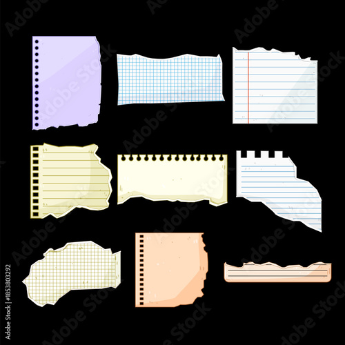 Set of various paper scraps, including lined, grid, and plain texture, cut from notebooks, providing blank space for notes, messages, reminders, or creative design elements