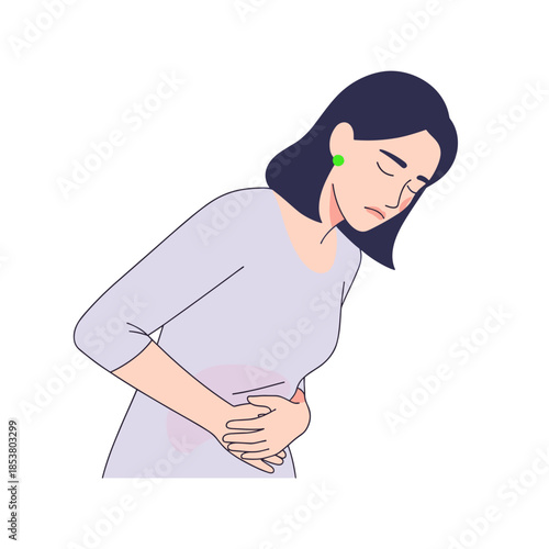 Woman holding stomach in pain while standing in a simple pose  