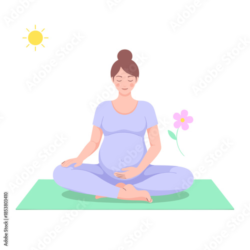 Pregnant woman practicing yoga on mat in sunny environment  