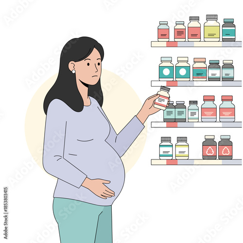 Pregnant woman selecting prenatal vitamins from pharmacy shelf  