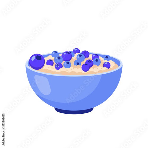 Oat bran porridge in blue bowl topped with fresh blueberries  