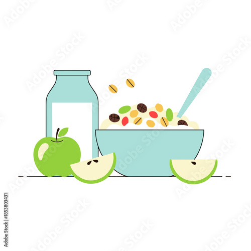 Muesli with milk in a bowl and green apple slices on white background  