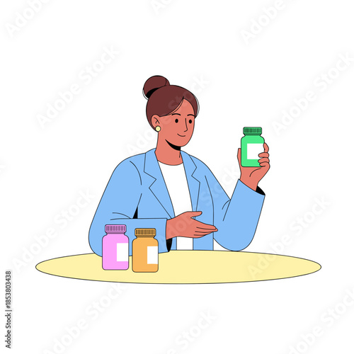 Nutritionist examining supplement bottles while sitting at a table  