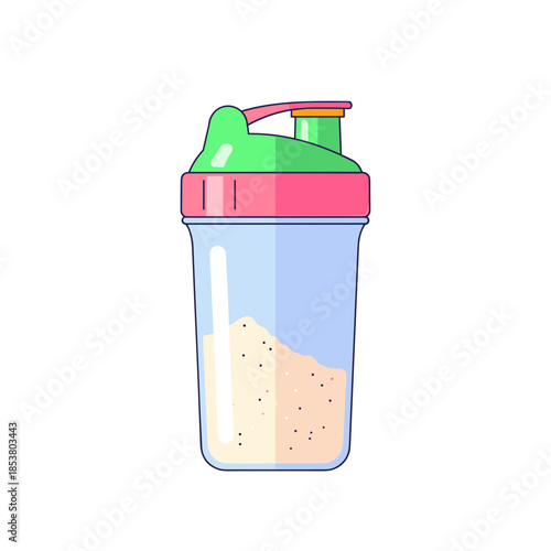 Shaker bottle with powdered supplement in colorful design  