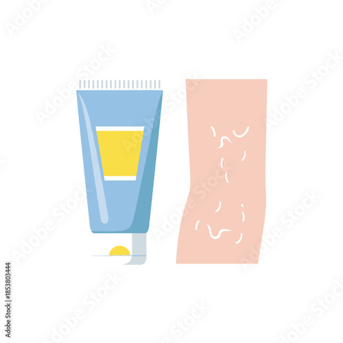 Moisturizing cream tube beside skin with peeling sunburn texture  