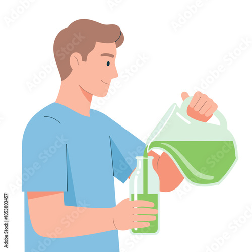 Man pouring green juice into glass bottle with a focused expression  