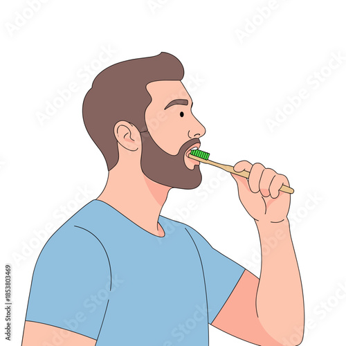 Man brushing teeth with bamboo toothbrush and green toothpaste  