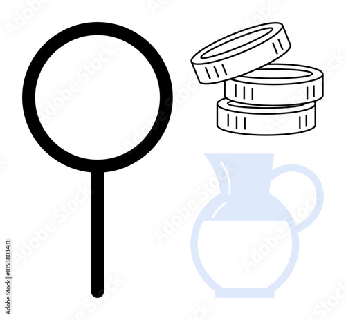 Economy, investment, finances, monetary savings, resource management, financial concepts. Magnifying glass near coins and a jug outline. Economy and investment interaction concept