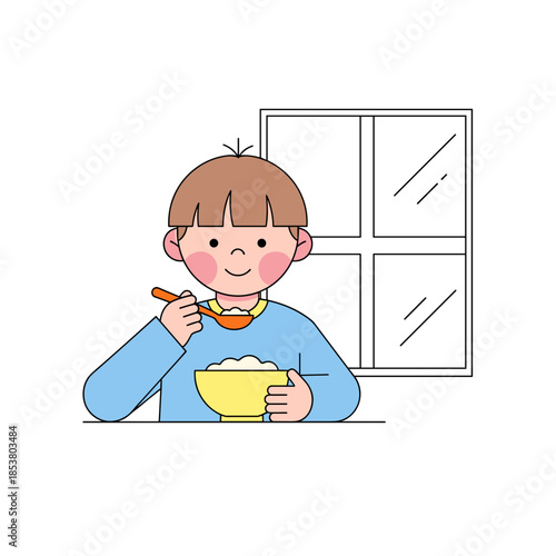 Young boy enjoying oatmeal while sitting by kitchen window  