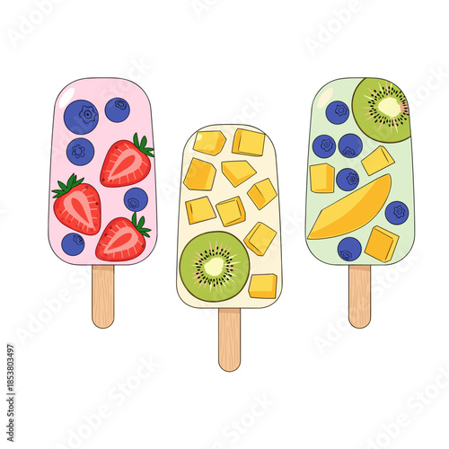 Colorful homemade smoothie popsicles with fruits on sticks  