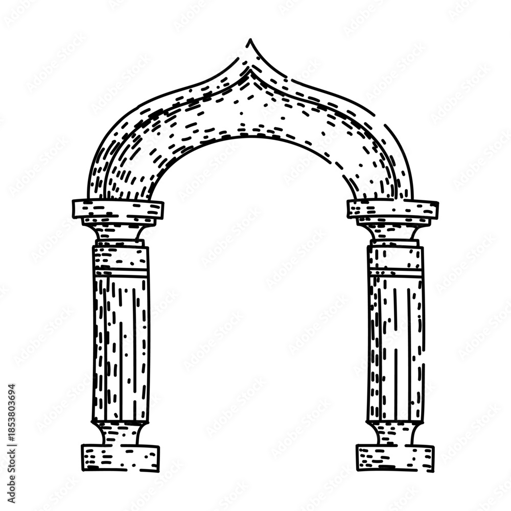 Naklejka premium Ancient arch illustration presenting a historical architectural element with an ornate arched top resting on classic pillars, symbolizing an entrance or gateway in a vintage hand drawn style