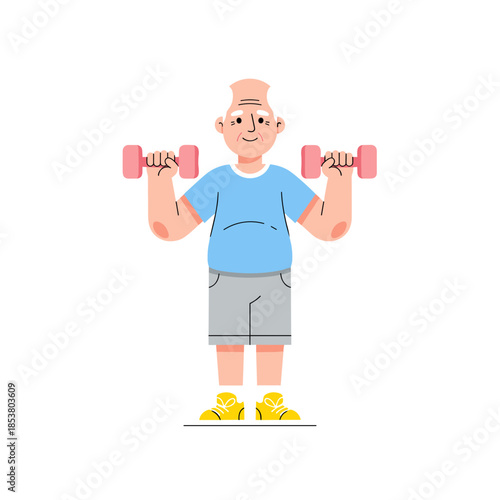 Elderly man exercising with pink dumbbells at home  