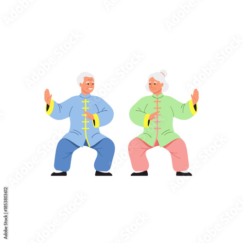Elderly couple practicing tai chi in colorful traditional outfits  