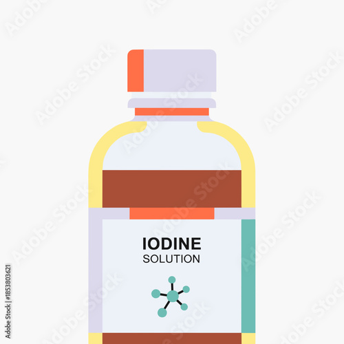 Iodine solution bottle with label in flat design style  
