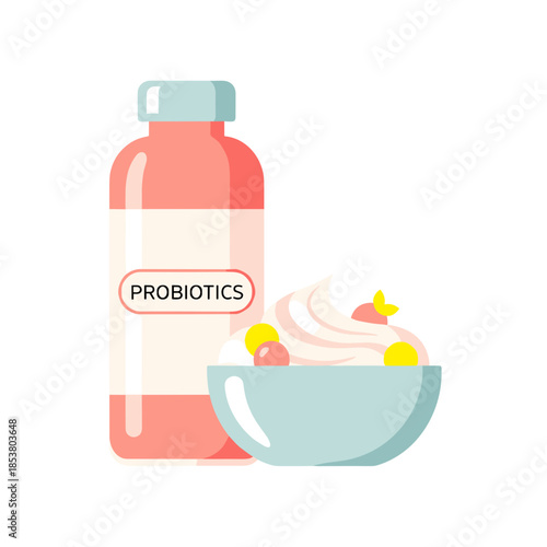 Probiotic bottle beside yogurt bowl with colorful toppings  