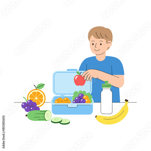 Boy packing healthy snacks into a blue lunchbox with fruits  