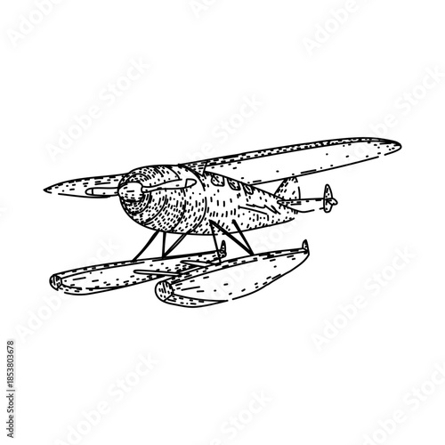 Floatplane aircraft flying with pontoons and propeller detailed outline illustration, representing travel, adventure, and classic air transportation on white background