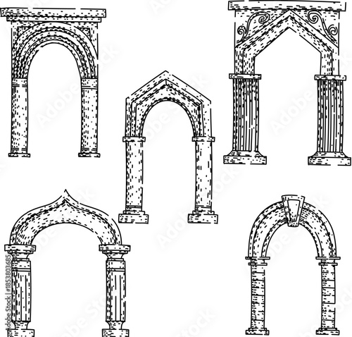 Hand drawn set illustrating various historical arch designs, depicting antique architecture, old structures, and classic gateway elements on a white background