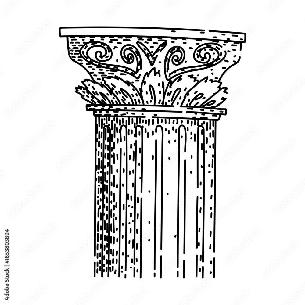 Naklejka premium Ancient corinthian column capital and fluted shaft, illustrating classical architectural elements with decorative acanthus leaves and volutes in a hand drawn line art style