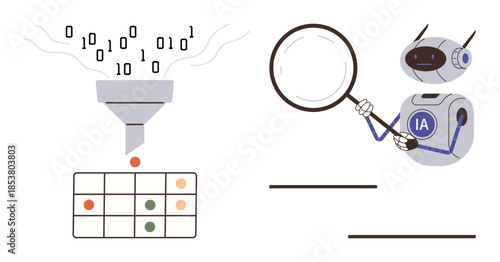 Robot processes binary data through funnel into a table, examines details with magnifying glass. Ideal for AI, data analysis, technology, automation, machine learning, innovation research. Simple