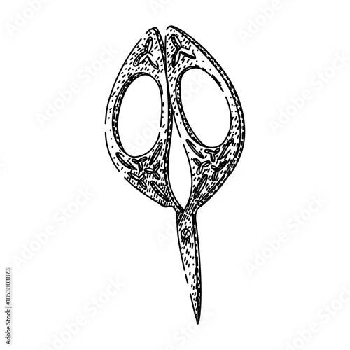 Elegant vintage decorative scissors in a classic linocut sketch style, representing traditional crafts, sewing hobbies, and professional tailoring concepts