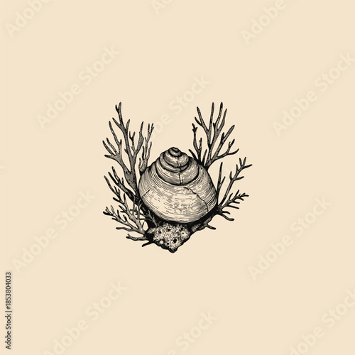Vintage hand-drawn botanical style illustration of a spiral nautilus seashell resting against a delicate branch of coral