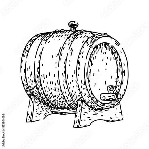 Wooden barrel standing on a base with a front tap and top bung, hand drawn in a line art style, representing winemaking, aging, storage, and traditional beverages