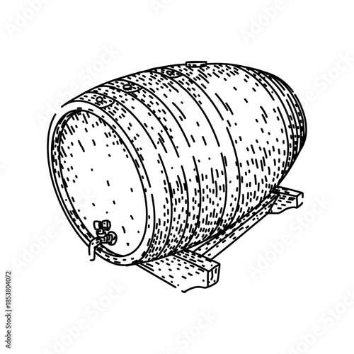 Wooden wine barrel with a spigot and stand, representing traditional methods of fermentation, storage, and serving alcoholic drinks like wine, beer, or spirits