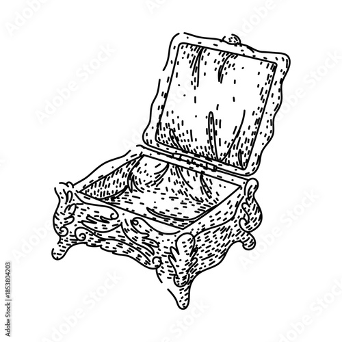 Ornate empty jewelry casket illustration showing its detailed open lid, intricate decorative carvings, and storage for precious treasures, jewels, or keepsakes