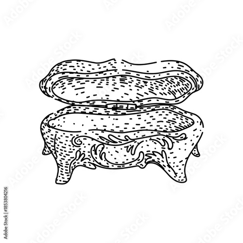 Ornate open jewelry casket or vintage box illustrating concepts of luxury, wealth, elegance, storage, and hidden valuables in hand drawn line art style