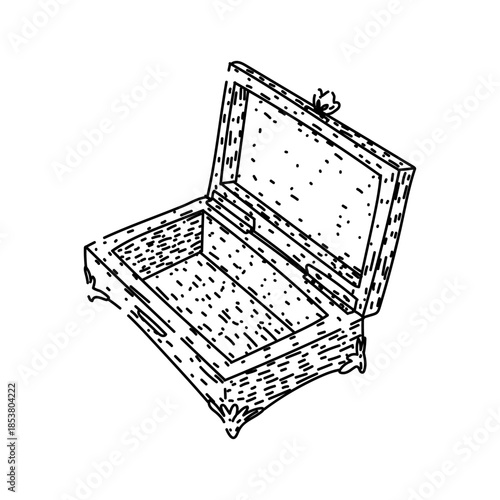 Open ornate jewelry casket, empty interior suggesting loss and memory yet hinting at potential for new treasures, decorative vintage line art sketch on white background