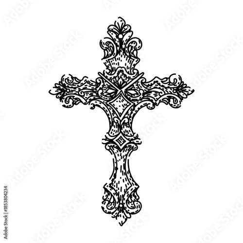 Ornate black linework cross on white background illustrating concepts of religion, spirituality, devotion, tradition, and belief with intricate decorative details