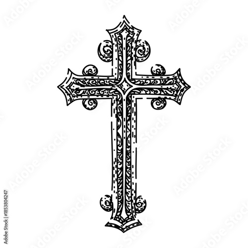 Ornate christian cross symbol displaying intricate line art and decorative patterns, representing faith, spirituality, and religious tradition in a black and white illustration