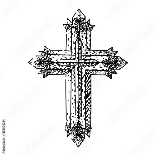 Stylized decorative cross design featuring intricate details and texture, embodying concepts of christianity, belief, worship, and devotion in a black and white illustration