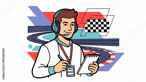 Animated illustration of a race official with headset and clipboard directing a trackside event.