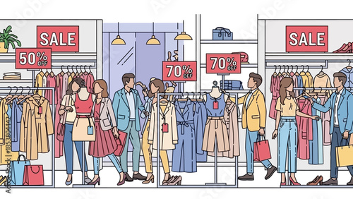 Crowded storefront scene in a busy shopping district with diverse shoppers and sale signs.