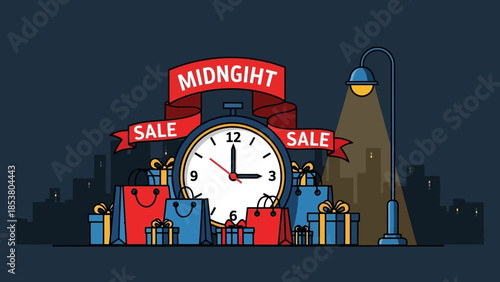 Midnight City Clock Sale: Crowds, Lights and After-Hours Shopping Scene in a Bustling Urban Skyline.