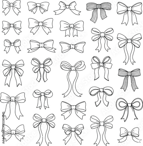 Set of whimsical hand drawn bows, whimsical bow, whimsy vintage line art ribbon gift, doodle ribbon tied bows for wedding and birthday invitation, vector outline illustration