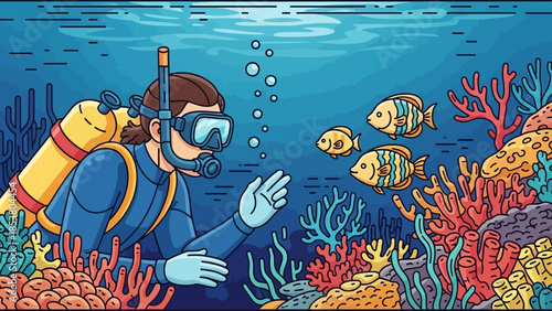 Underwater Diver Exploring a Vibrant Coral Reef Teeming with Colorful Fish.