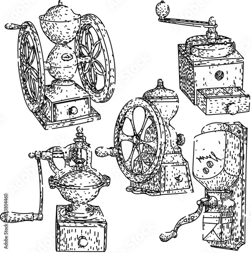Collection of antique manual coffee grinders presented in a retro engraving style, depicting various designs used for preparing fresh coffee beans with traditional methods