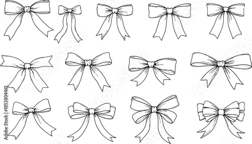 Set of whimsical hand drawn bows, whimsical bow, whimsy vintage line art ribbon gift, doodle ribbon tied bows for wedding and birthday invitation, vector outline illustration