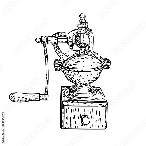 Vintage hand crank coffee grinder with wooden base and metal crank, evoking rustic, manual brewing and classic charm for aromatic fresh beans in a cozy morning kitchen setting