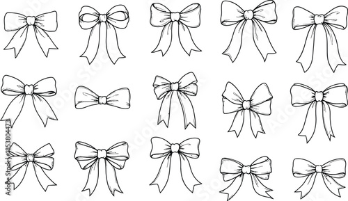 Set of whimsical hand drawn bows, whimsical bow, whimsy vintage line art ribbon gift, doodle ribbon tied bows for wedding and birthday invitation, vector outline illustration