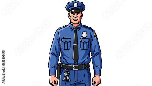 Illustrated image of a blue police officer in uniform standing with a confident stance.