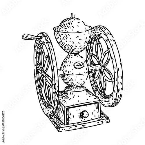 Old style coffee grinder processing fresh coffee beans, creating a rustic and traditional kitchen concept with a manual appliance for brewing preparation