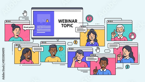 Online webinar session showing diverse participants on multiple screens with a central topic banner.