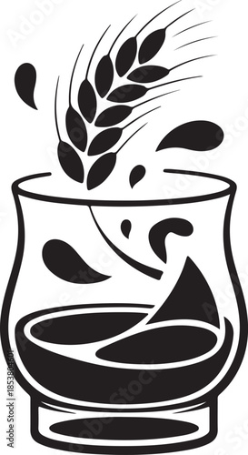 Whiskey tasting glass icon with grain and splashing liquid