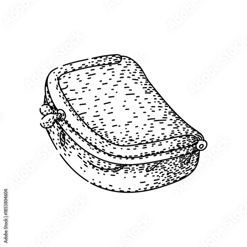 Coin purse depicted in a black and white hand drawn illustration style, featuring a secure zipper closure, symbolizing concepts of personal finance, saving money, and carrying small valuables