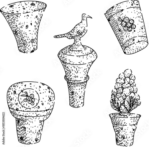 Hand drawn sketch of a collection of decorative wine corks and bottle stoppers in varied shapesconical, cylindrical and engraved designs with grapes and a bird on white background