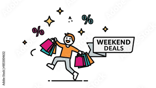 Cheerful shopper carries colorful bags promoting weekend deals in a lively cartoon scene.